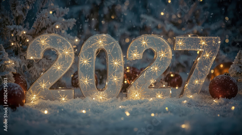 2027 illuminated numbers in snowy winter scene with frosted decoration and warm festive lights