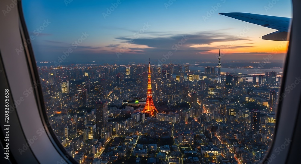 Fototapeta premium Aerial View of a City Skyline During Sunset from Airplane Window.