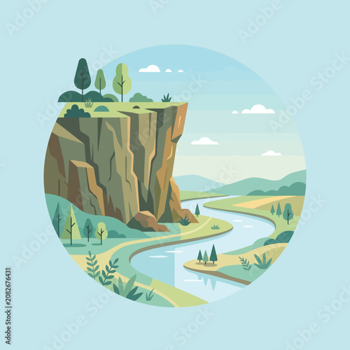 Flat vector landscape with a high cliff and winding river