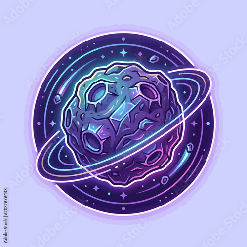 Stylized purple planet with rings in a circular cosmic frame