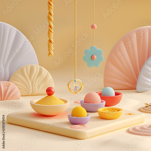 Pastel 3D clay render of traditional Indian sweets and decorative Raksha Bandhan elements featuring ample negative space for festive cultural marketing