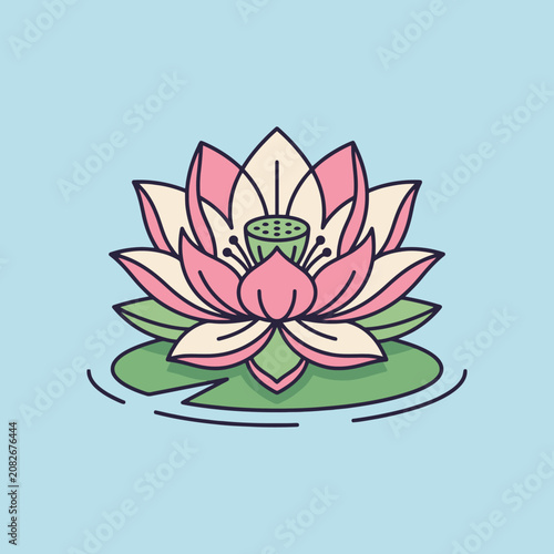 A pink lotus flower floats on a green lily pad