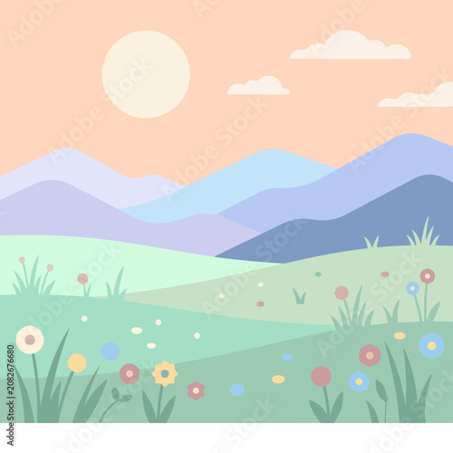 Pastel mountain landscape with spring flowers