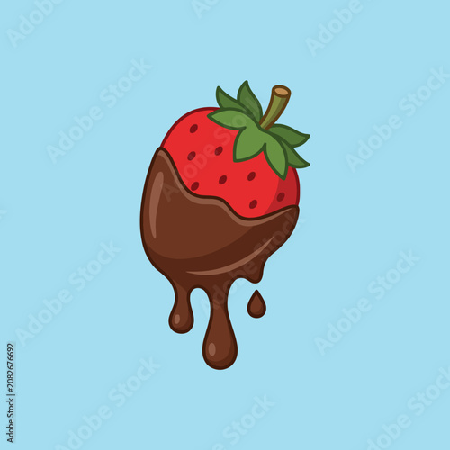 A fresh strawberry is dipped in rich melted dark chocolate