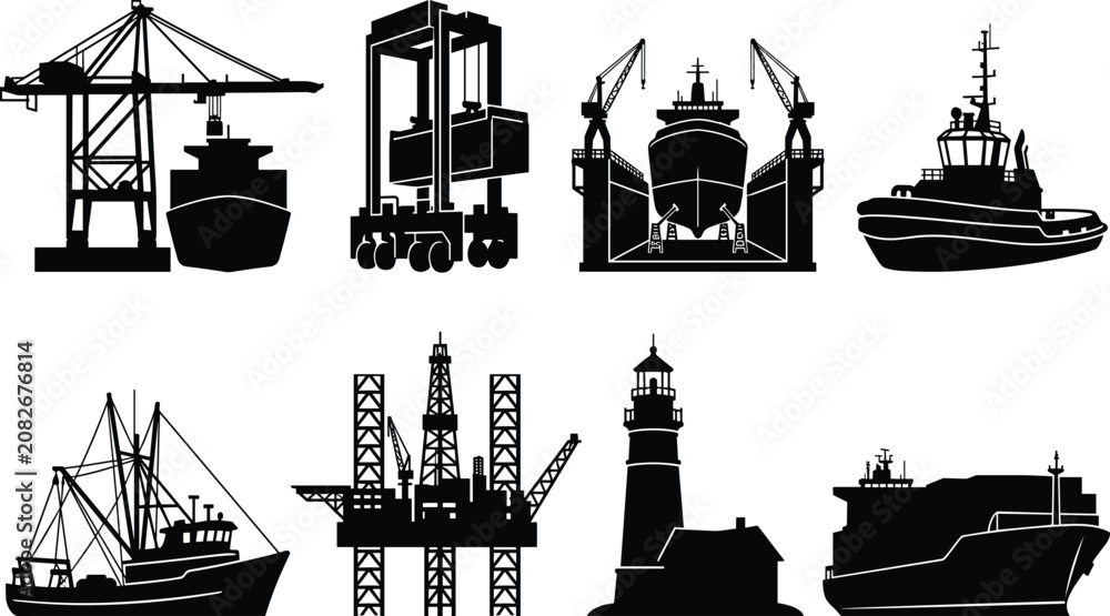 Obraz premium Industrial maritime shipping and seaport logistics silhouette icons set including cargo vessels gantry cranes and lighthouse