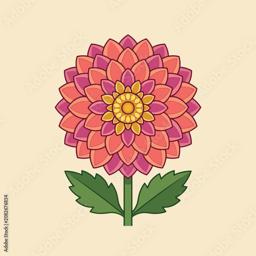 A vibrant pink dahlia flower illustration on a tan background