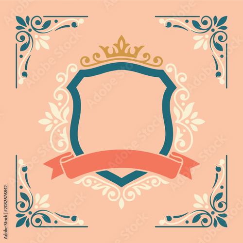 An elegant vintage shield emblem with a decorative floral border