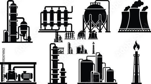 Bild auf Leinwand Industrial oil refinery and chemical factory plant equipment black silhouette ic