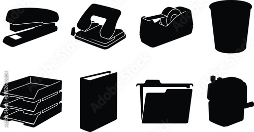 Fotografía Office supplies and desktop stationery vector silhouette icon set featuring stapler hole puncher tape dispenser and file folders in image_c1c866