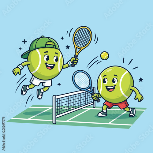 Two cute tennis ball characters play a match on a court