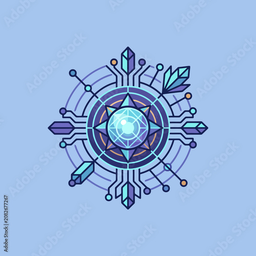 A digital crystal icon with geometric circuit board patterns