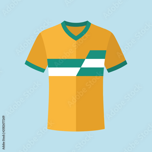 A yellow sports jersey with green and white stripes on blue