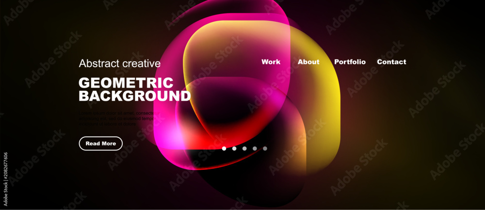 Naklejka premium Abstract design features vibrant overlapping shapes. Dark background highlights colorful elements, text, navigation options. Modern aesthetic.