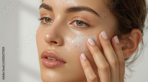 Glowing skin moisturizer application close up face natural makeup skincare routine
