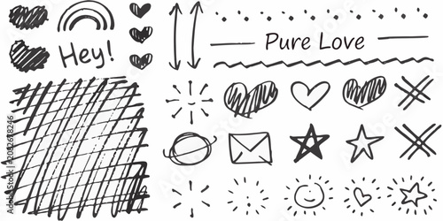 Photos black marker doodles collection with hearts stars and text on white background p