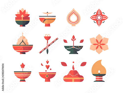 Graphic vector collection of simple Indian festive icons including diyas and floral patterns isolated on white for easy integration into holiday marketing templates
