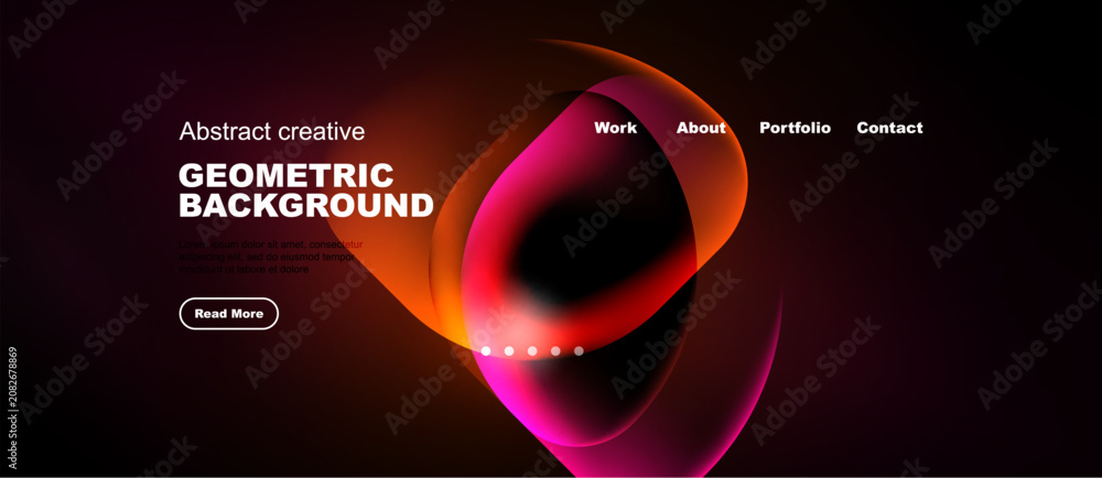Naklejka premium Dark background features vibrant abstract shapes, text elements, navigation menu. Modern design promotes creativity, geometric patterns.