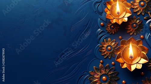 Modern luxury 3D background featuring golden floral diyas on a dark blue elegant surface with ample negative space for premium Diwali festival advertising