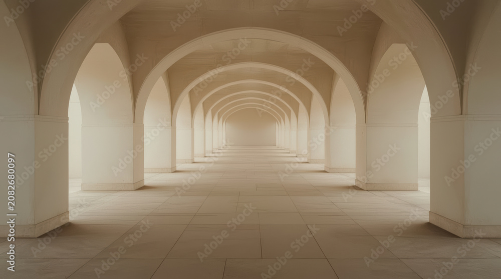 Fototapeta premium Arched corridor with repeating neutral arches and soft light evoking calm symmetry