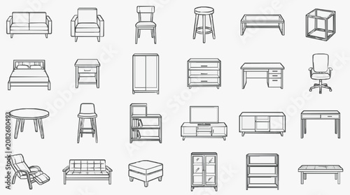 Quadro su tela Creative Minimalist Line Drawing Set of Modern Furniture and Home Decor Items in