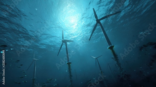 Floating offshore wind turbines submerged in a deep blue ocean environment concept