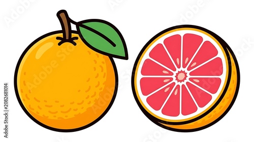 Yellow lemon slice with green leaf and sliced orange.