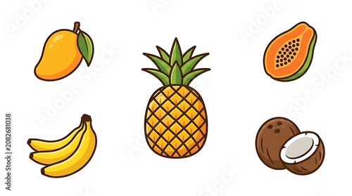 Fresh tropical fruits and pineapple slices isolated.