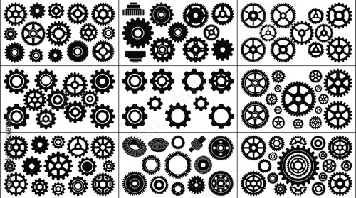 Cuadro en lienzo Black silhouette icons of mechanical gears and cogwheels showcasing diverse indu