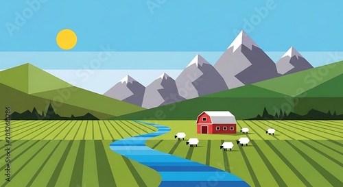 Cartoon countryside farm with red tractor and mountains.