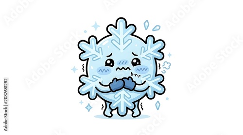 Frozen with Fear: A cute, cartoonish snowflake character shivers uncontrollably, its face contorted in fear and cold, with tiny ice crystals and frosty puffs of air surrounding it.