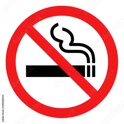 A no smoking sign featuring a black cigarette with smoke rising from it crossed out by a thick red diagonal line within a red circle on transparent background
