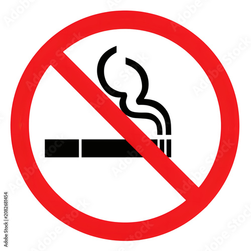 A no smoking sign featuring a black cigarette with smoke rising from it crossed out by a thick red diagonal line within a red circle on transparent background