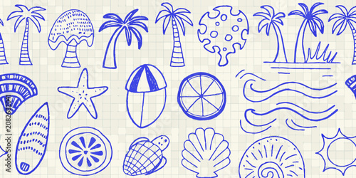 tropical elements hand drawn sketch on grid paper palm tree surfboard starfish shell sun waves monochrome blue illustration pattern beach summer
