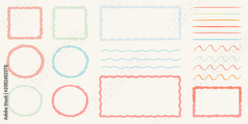 hand drawn frames and lines sketchy pastel doodle art rectangular oval wavy zigzag border divider vector illustration casual simple design element