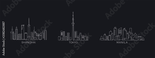 Photography Asia pack with Shanghai, Tokyo, and Manila skyline outline vector illustrations