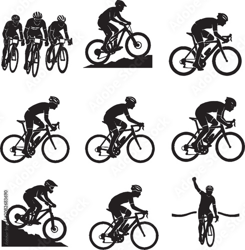 Cycling Sport Styles Vector Icons Set with Mountain Biking and Road Racing Silhouettes,Generative Ai