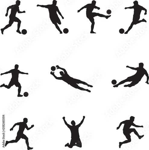 Soccer Actions Icon Set with Players Running Kicking Shooting and Celebrating in Flat Vector Style,Generative Ai