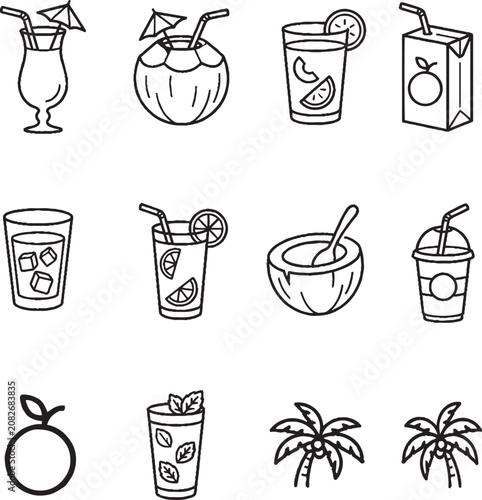 Colorful Summer Drink Icon Set with Tropical Flavors and Refreshing Beverages Illustration,Generative Ai