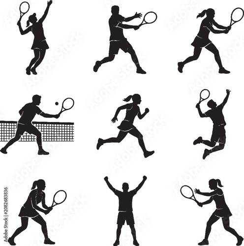 Tennis Player Actions Set Vector Illustration with Serving Swinging Volleying Running,Generative Ai