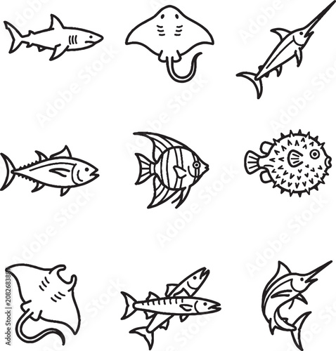 Set of Marine Sea Life Vector Icons with Fish and Ocean Creatures Line Art,Generative Ai