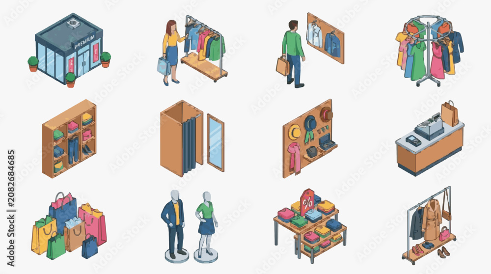 Fototapeta premium Clean Isometric of Modern Clothing Store Scenes with Shoppers Racks and Accessories with high quality professional line art symbols for modern creative design and digital branding projects