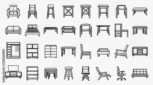 Tableau sur toile Modern Minimalist Line Drawing Collection of Various Furniture and Home Decor It