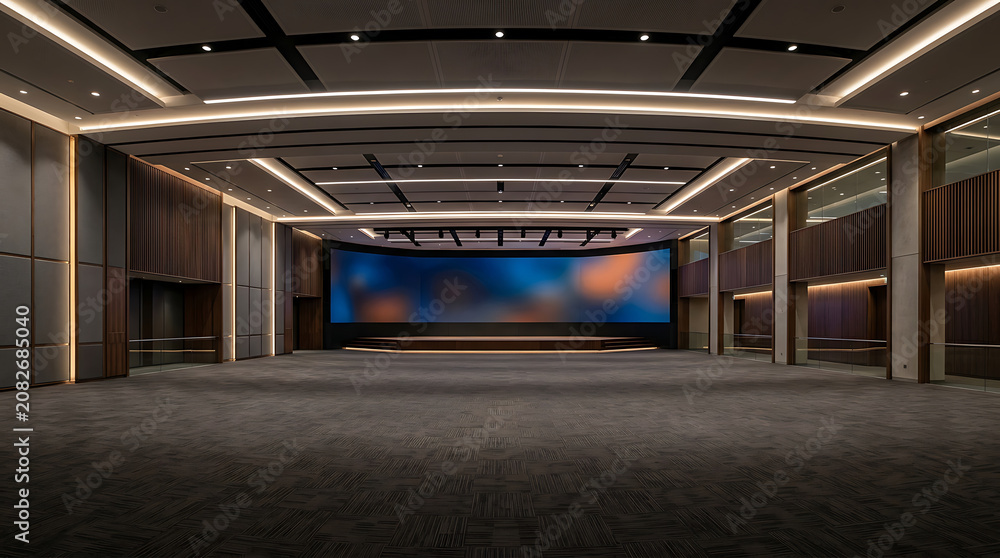 Obraz premium Empty Modern Conference Hall with Large Curved LED Screen and Warm Lighting