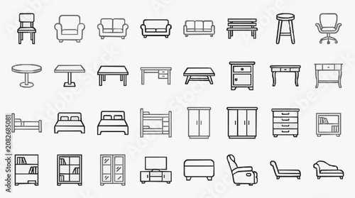 Creative Minimalist Black and White Line Drawing Icons Set of Various Furniture and Home Decor Items