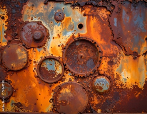 Close-up of heavily rusted metal with circular shapes, varying textures, and shades of orange