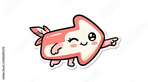 Cute Arrow Character: An adorable, animated arrow character with big eyes, a cute smile, and a feather tail, pointing forward with determination.