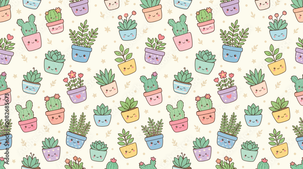 Naklejka premium Cute Kawaii Potted Succulents and Cacti Pattern - Vector Illustration