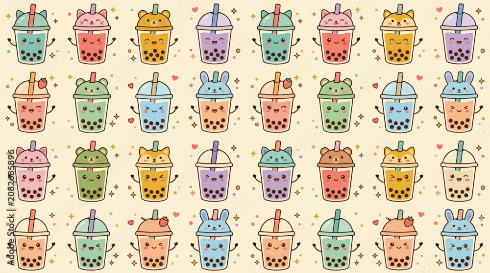 Fototapeta premium Kawaii Boba Tea Pattern - Cute Cartoon Drinks, Pastel Colors