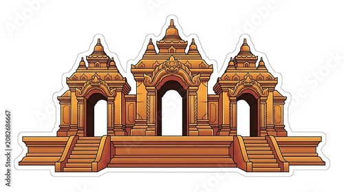Ancient Temple Facade: A richly detailed golden temple facade with intricate carvings and grand archways, evoking a sense of ancient mystery and spiritual grandeur.