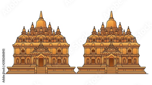 Golden Pagodas in Symmetry: Two magnificent golden pagodas stand in perfect symmetry, showcasing intricate architectural details and exuding a sense of spiritual grandeur.
